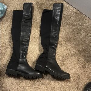 Donald Pliner Roz Over The Knee Boot Log Leather Nylon Stretch Trim Womens 7M